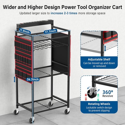JUNNUJ Garage Tool Organizer Cart - Heavy Duty Rolling Storage with 8 Outlets & 3 USB Ports | Ideal for Power Tools