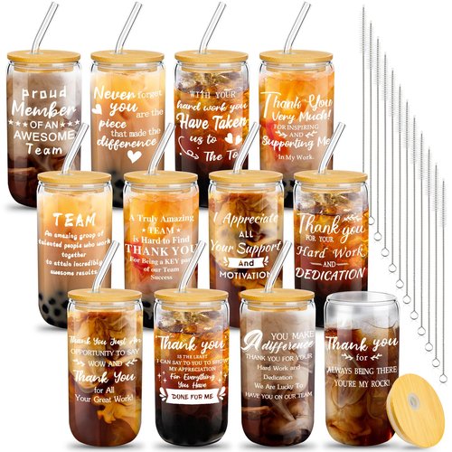 Purpeak 12 Set Employee Appreciation Gifts Thank You Glass Cups Gifts for Staff Coworker Appreciation Cups 16 oz Can Shaped Beer Glass with Lids Straws Brushes for Teacher Nurse(Hard Work)