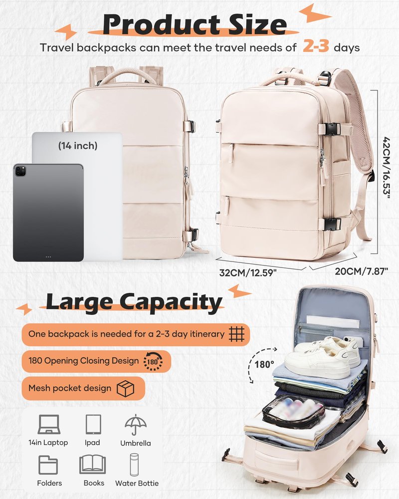 SEAFEW Large Travel Backpack with Vacuum Seal Compression, Vacuum Travel Flight Backpack with Electric Pump, Waterproof Work Backpack Compression bags Casual Daypack with USB Charging Port, Beige
