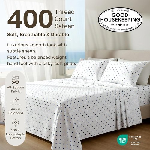 California Design Den Cal King Sheet Set - 100% Soft Cotton, 400 TC, Award-Winning Sateen Finish, Deep Pockets - Polka Dot