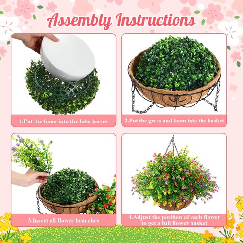 Lyrow 4 Pack Artificial Hanging Flowers with Baskets Outdoors Faux Flowers with 12 Inch Coconut Lining Baskets Realistic Artificial Hanging Plants for Patio Lawn Garden Decor