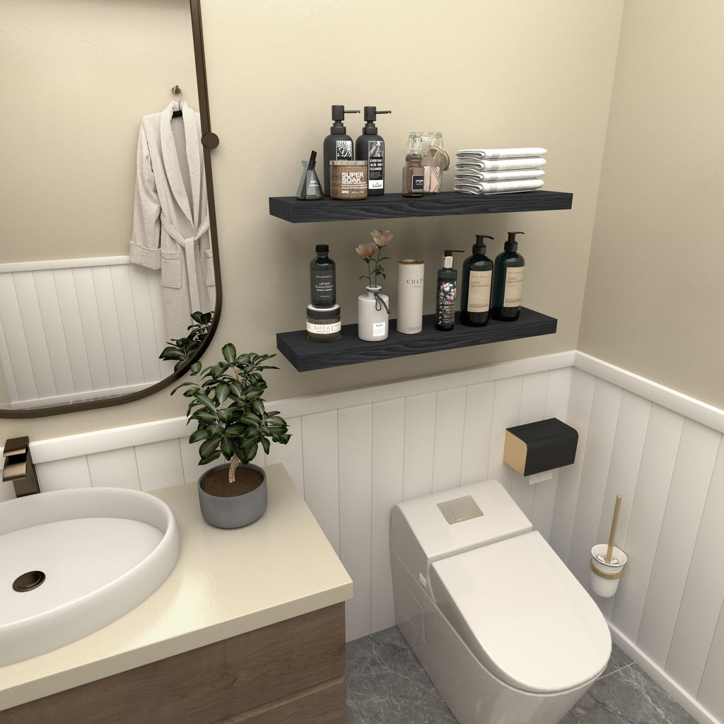 PopiShelves Floating Shelves for Wall - 24 x 9 Inch Wood Shelves for Bathroom, Bedroom, Kitchen Decor, Farmhouse Decor Set of 2, Black, bcow82j23