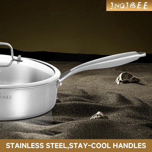 Inqibee Tri-Ply 7 Quarts Stainless Steel Sauté Pan with Lid, 12 Inch Induction Deep Frying Pan, Large Skillet,Jumbo Cooker, Dishwasher and Oven Safe,Detachable Handle.