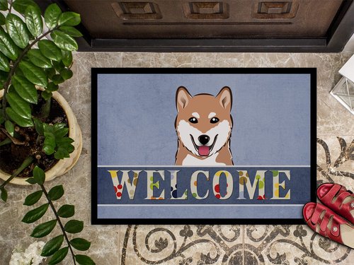 Caroline's Treasures BB1411JMAT Shiba Inu Welcome Doormat 24x36, Blue Front Door Mat Indoor Outdoor Rugs for Entryway, Non Slip Washable Low Pile, 24H X 36W