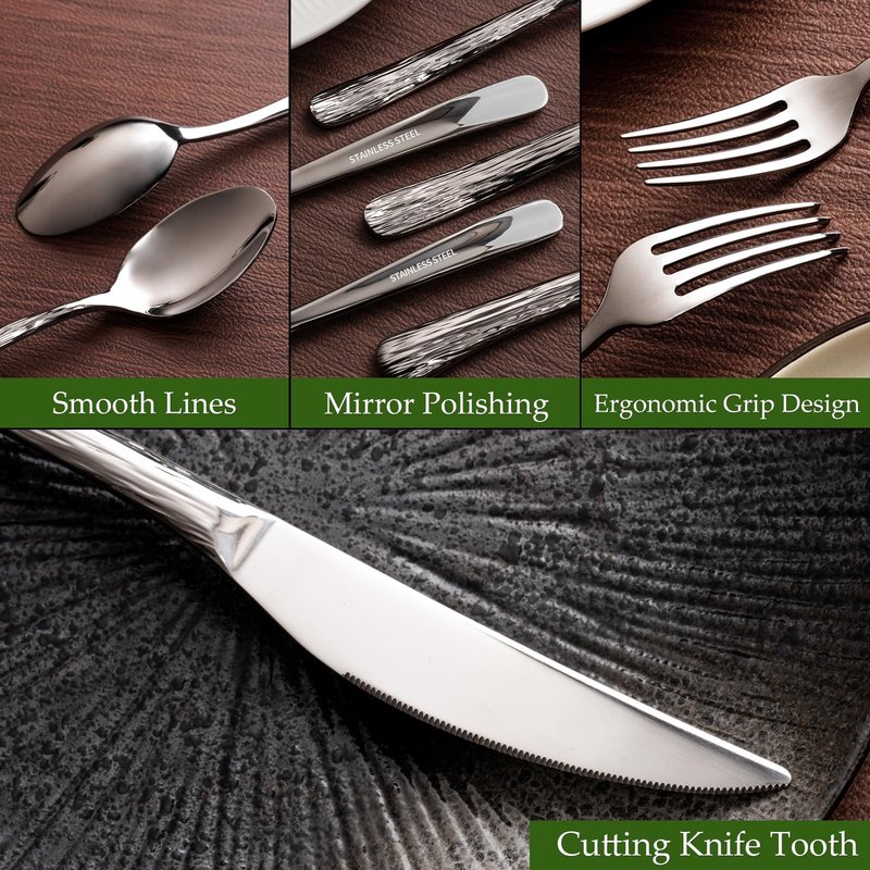 Aisoso 60-Piece High-End Silverware Set with Stone Patterned Handle Mirror Finished Stainless Steel Serving Utensils for 12, Durability and Dishwasher Safe for Home, Restaurant, Weddings