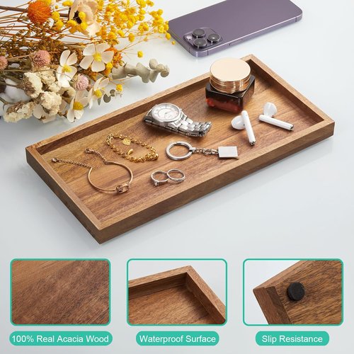 ALELION 11.7" Bathroom Vanity Tray - Acacia Wood Decorative Organizer for Makeup, Perfume & Jewelry