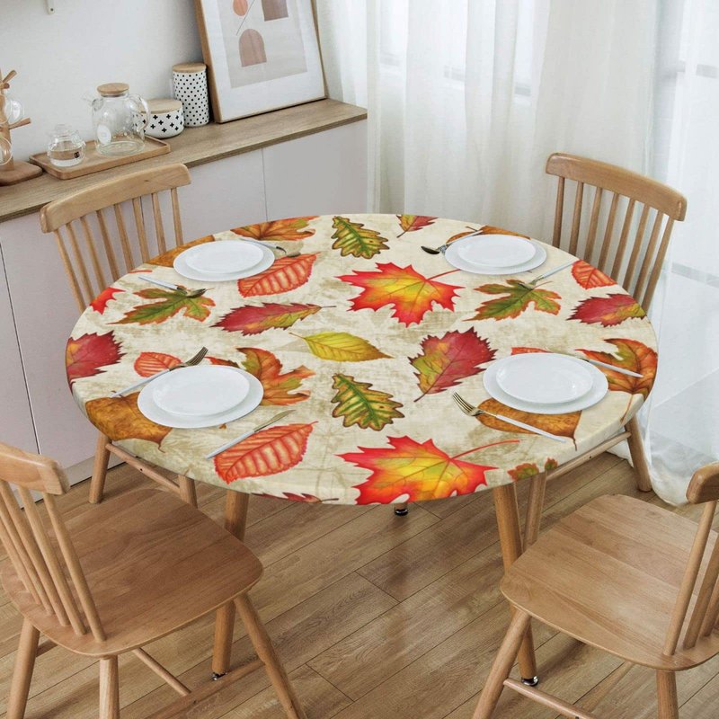 WOAIDY Elastic Edged Round Fall Maple Leaves Fitted Table Cloth Cover, Home Decorative Tablecloth for Indoor Outdoor Kitchen Party, Fits 40" - 44" Tables, Small