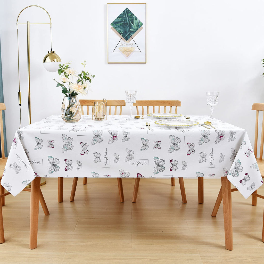 LOHASCASA Vinyl Table Cloth 9ft Plastic Tablecloth, Wipeable Oilcloth Table Covers, Waterproof PVC Rectangle/Oblong Rustic Baby Showe Camping Tablecloth for Picnic Tables, Patio, BBQ, White Butterfly