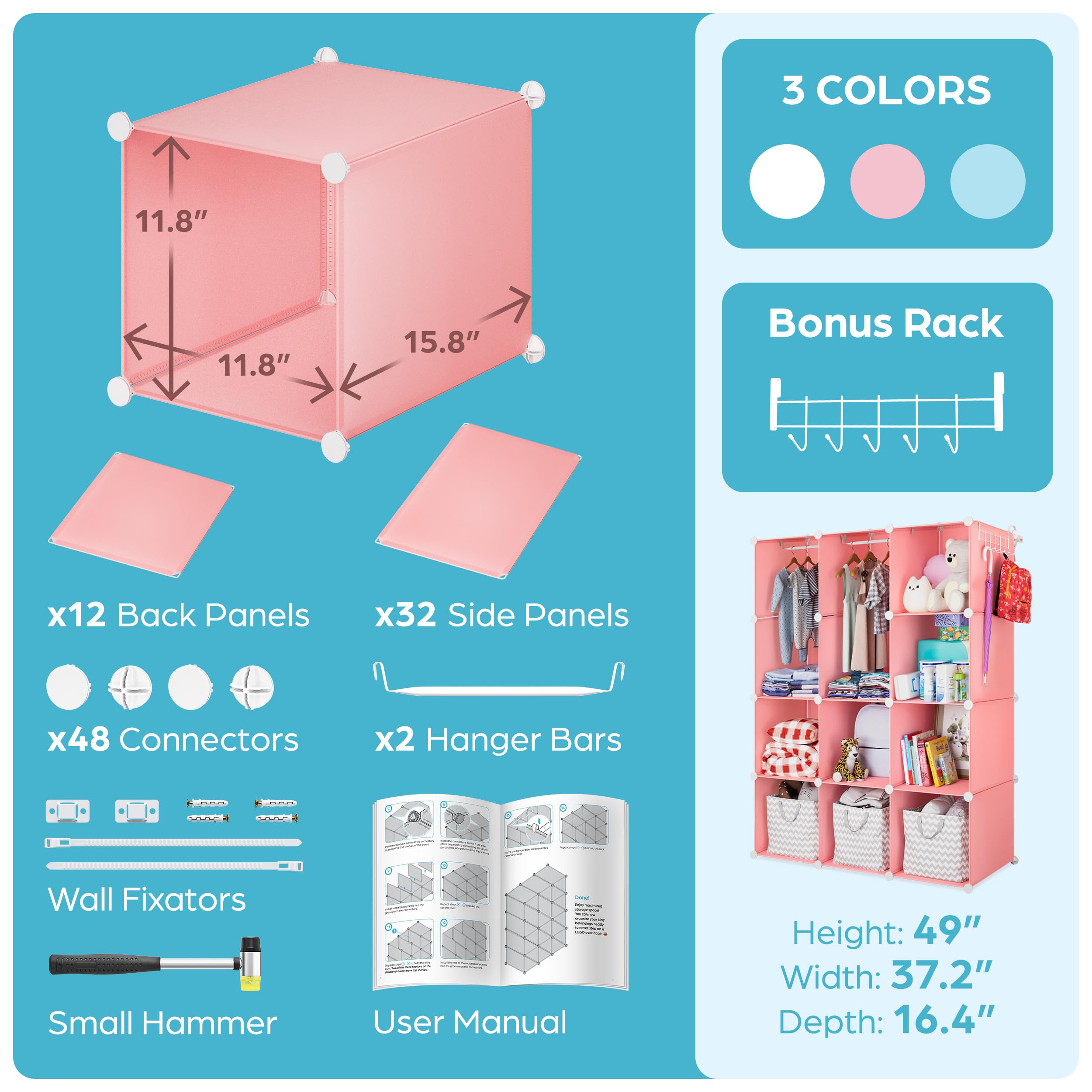 CUBEDIY Baby Closet Organizer for Nursery - Durable Baby Wardrobe Armoire for Closet - Customizable Dresser Shelves - Waterproof Shelf Clothes Organizer w/Wall Fixation (Pink)