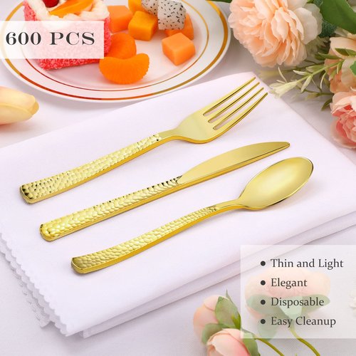 Zhehao 600 Pcs Plastic Gold Silverware Utensils Set Disposable Flatware Cutlery Bulk, Heavy Duty Utensils Include 200 Gold Forks 200 Plastic Spoon 200 Knives for Graduation Wedding Party