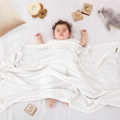 Pinuotu Cotton Knitted Baby Blanket – Neutral Swaddle Receiving Blanket for Newborn, Toddler, Boys & Girls, Crib or Stroller Blanket with Gift Box, 31×40 Inch (White)