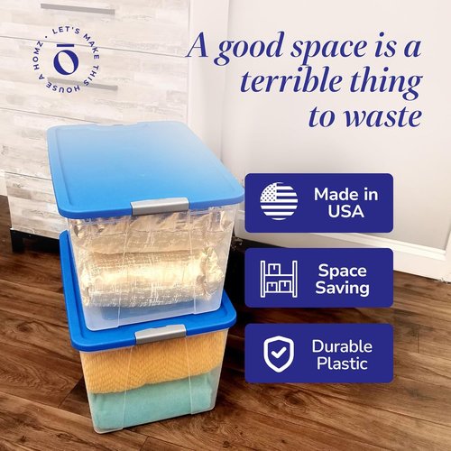 HOMZ 2-Pack Clear Plastic Storage Bins - 64 Quart Stackable Organizer with Blue Lids for Home & Office