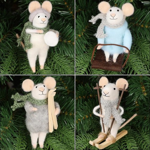 Juegoal Felt Skiing Mice Ornaments - Set of 4 Cute Wool White Mouse Decorations for Christmas Tree & Wreath