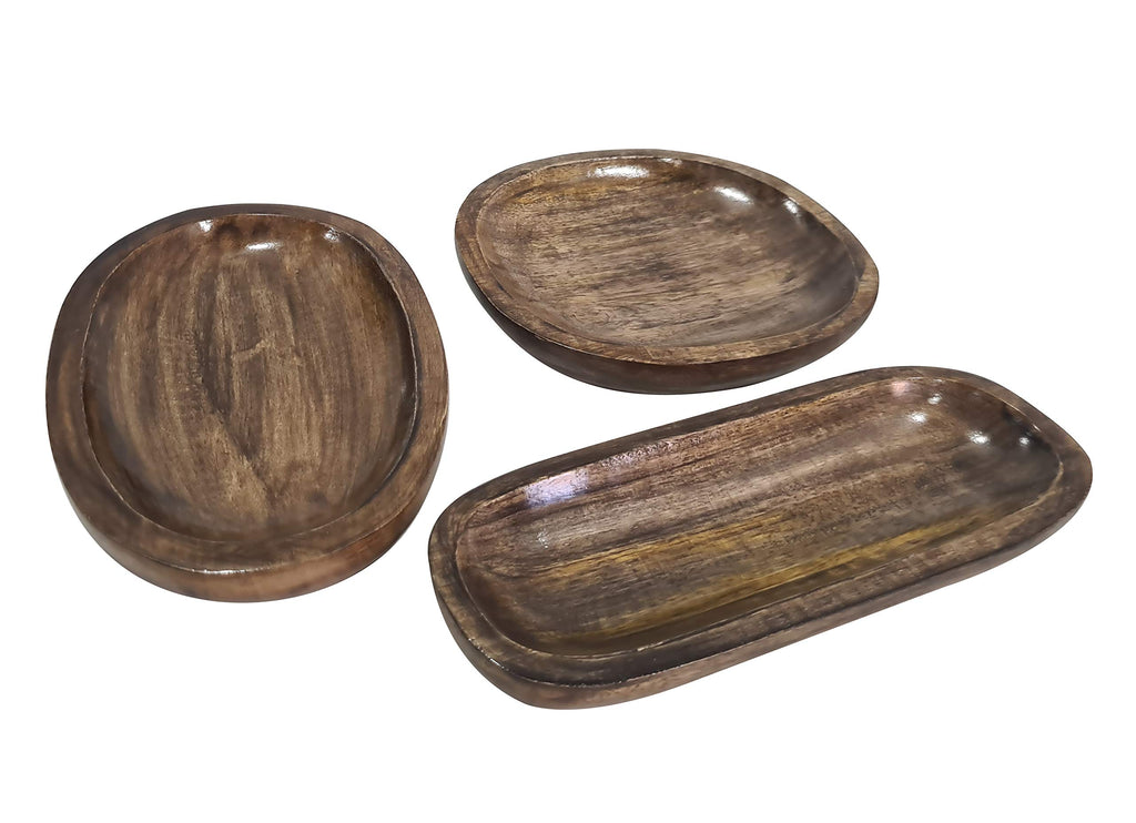 collectiblesBuy Handmade Rustic Brown Wooden Serving Platter Set of 3 Durable Trays for Salad, Snacks, Fruits, Kitchen Décor, Farmhouse Tableware