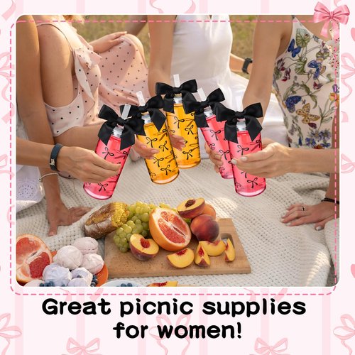 Skylety 12 Pcs 14 oz Black Bow Plastic Cups Reusable Coquette Bottles with Lids and Straws Black Reusable Plastic Aesthetic Cup with Ribbon Bow for Birthday Wedding Women Bridal Shower Party Supplies