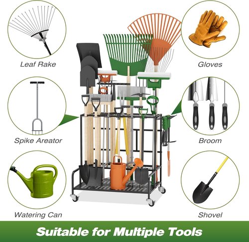 Heavy-Duty Steel Garden Tool Organizer Rack by [Brand Name] - Mobile Storage for Up to 39 Tools | 12 Hooks & Broom Holder, Black