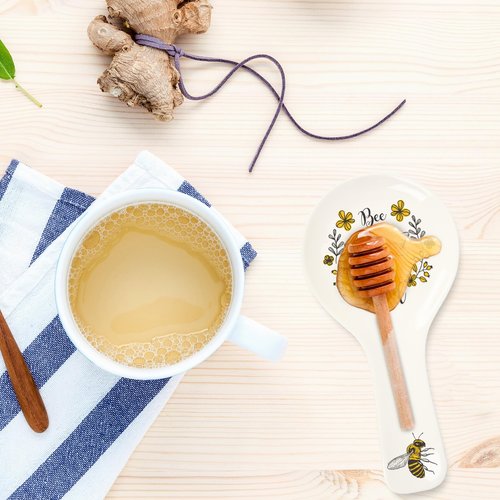 FYSUIMU 9.4inch Bee Ceramic Spoon Rest Yellow Black Bee Flower Cooking Spoon Holder for Summer Stove Top Kitchen Counter Decor