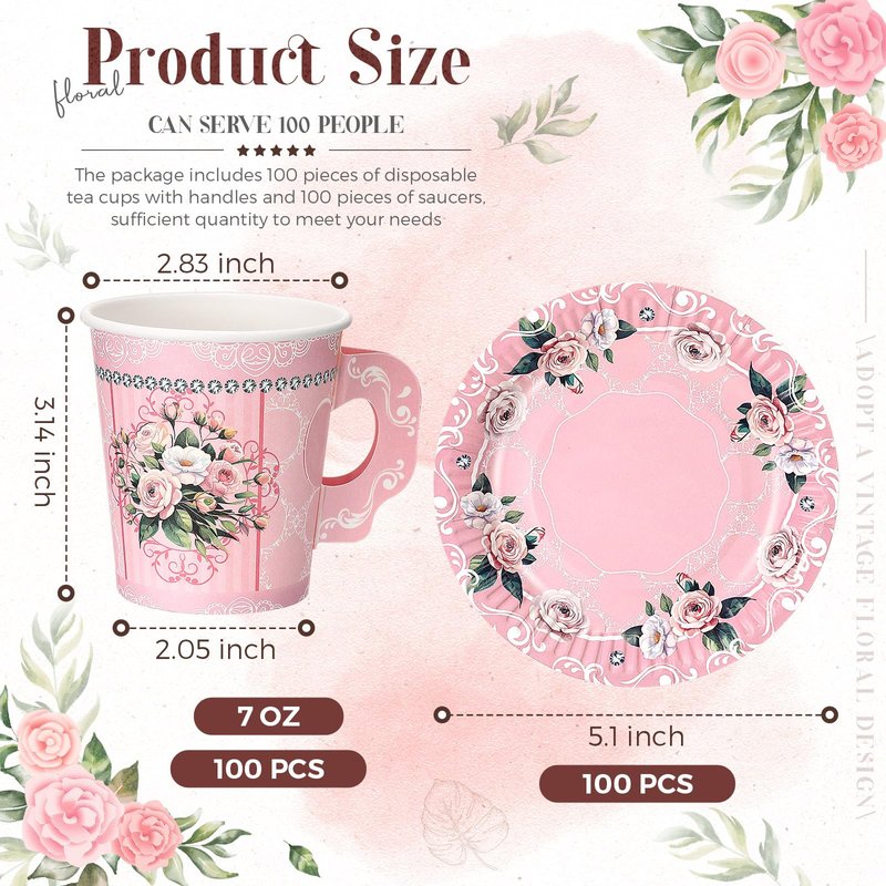 Nuogo 200 Pcs Floral Paper Tea Cups and Saucers 7 oz Disposable Paper Teacups with Handle and Plates for Tea Party Decoration Wedding Birthday Baby Shower Bridal Mother's Day, Serve 100(Pink)
