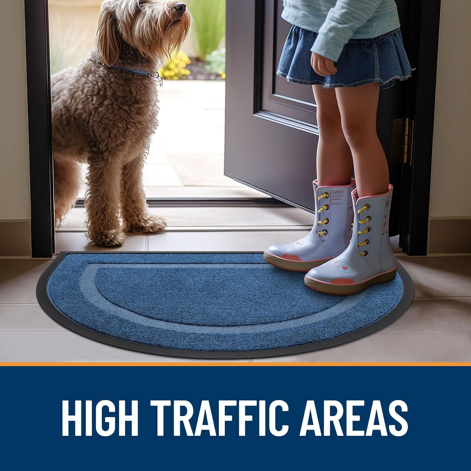 OLANLY Half Circle Door Mat - Waterproof All-Season Doormat for Indoor/Outdoor Use | 29.5x17, Light Blue