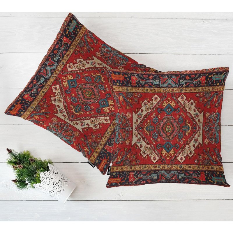 Swono Pillow Covers 18X18 Inch Set of 2 Turkish Carpet, Throw Pillow Cases Boho Tribal Geometric Paisley Floral Pillowcase Cushion Cover Decorative for Outdoor Home Sofa Bedroom Livingroom, Red