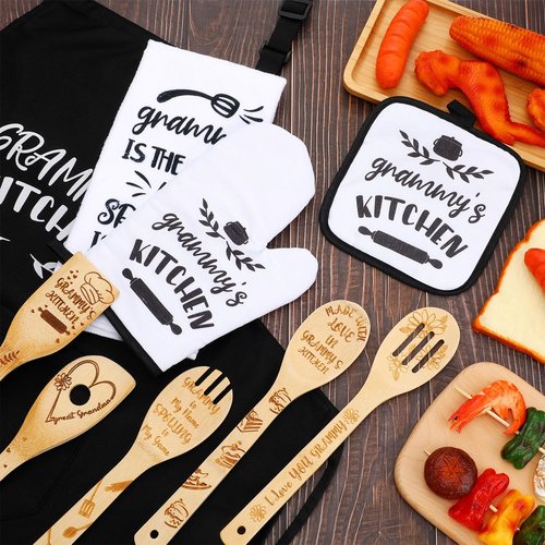 Leyndo 10 Pcs Christmas Grammy Kitchen Gifts Set Include Apron Tea Towel Tea Spoon Pot Holder Oven Mitt Bamboo Kitchen Cooking Spatula Baking