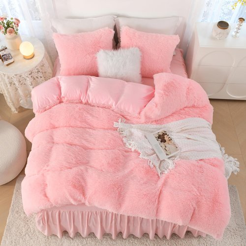 Litanika Pink Fluffy Comforter Queen Size, Luxury Shaggy Faux Fur Bedding Cute for Women Girls, Ultra Soft Velvet Fuzzy Queen Bed Set 3 Pieces(1 Plush Comforter 90×90 Inch, 2 Pillowcases)