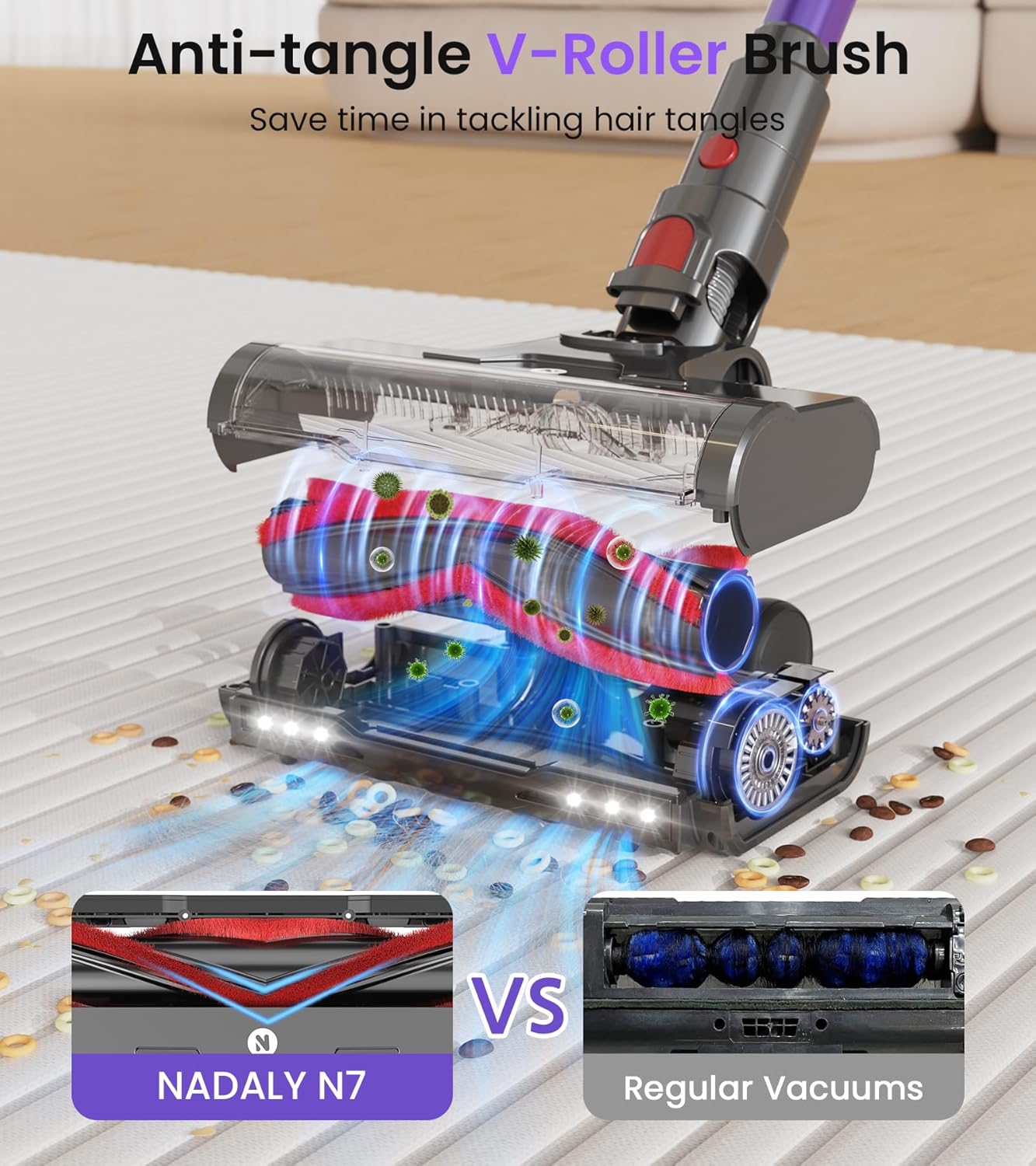 NADALY Cordless Vacuum Cleaner - 600W 50KPA, 65 Minutes Runtime, Anti-Tangle, Lightweight Design for Hardwood & Carpet