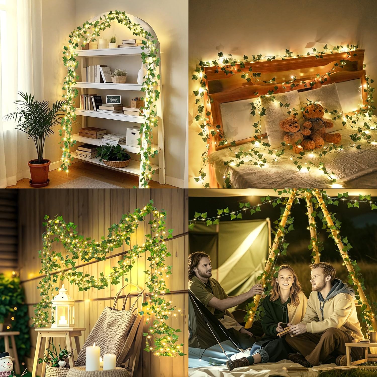 Skiennix 40ft LED Vine Fairy Lights - Battery Operated, 8 Modes & Timer, Green Leaf Decor for Indoor & Outdoor Events (Warm White)