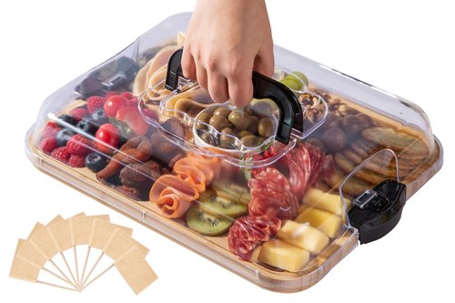 THETCHRY Charcuterie Board with Clear Lid,Large Travel Portable Cheese Board Charcuterie Boxes Cutting Boards for Kitchen, Gifts for Women,Black