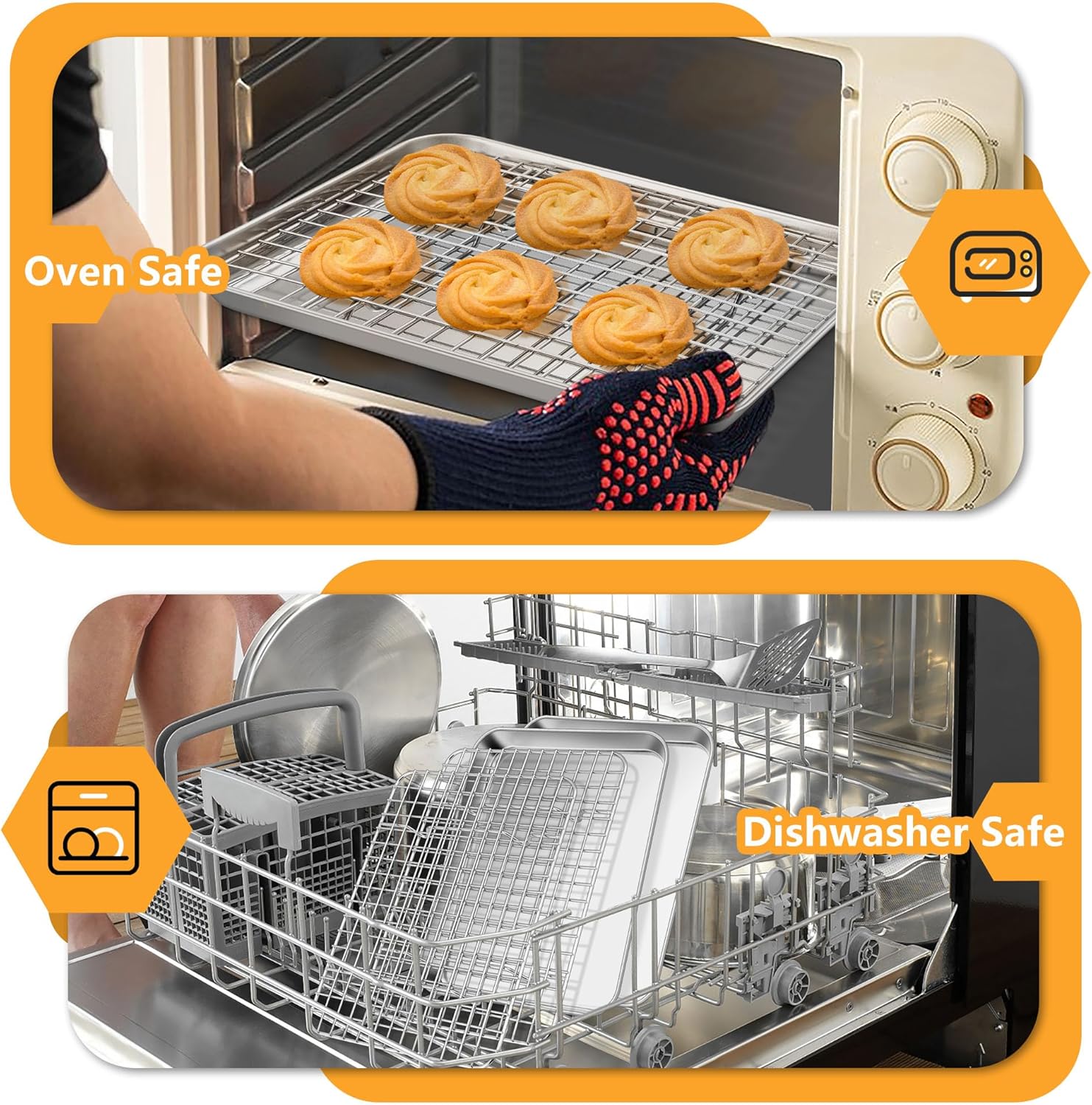 TeamFar Stainless Steel Toaster Oven Pan Set - 9 x 7 Inch Mini Baking Tray with Rack | Heavy-Duty & Dishwasher Safe