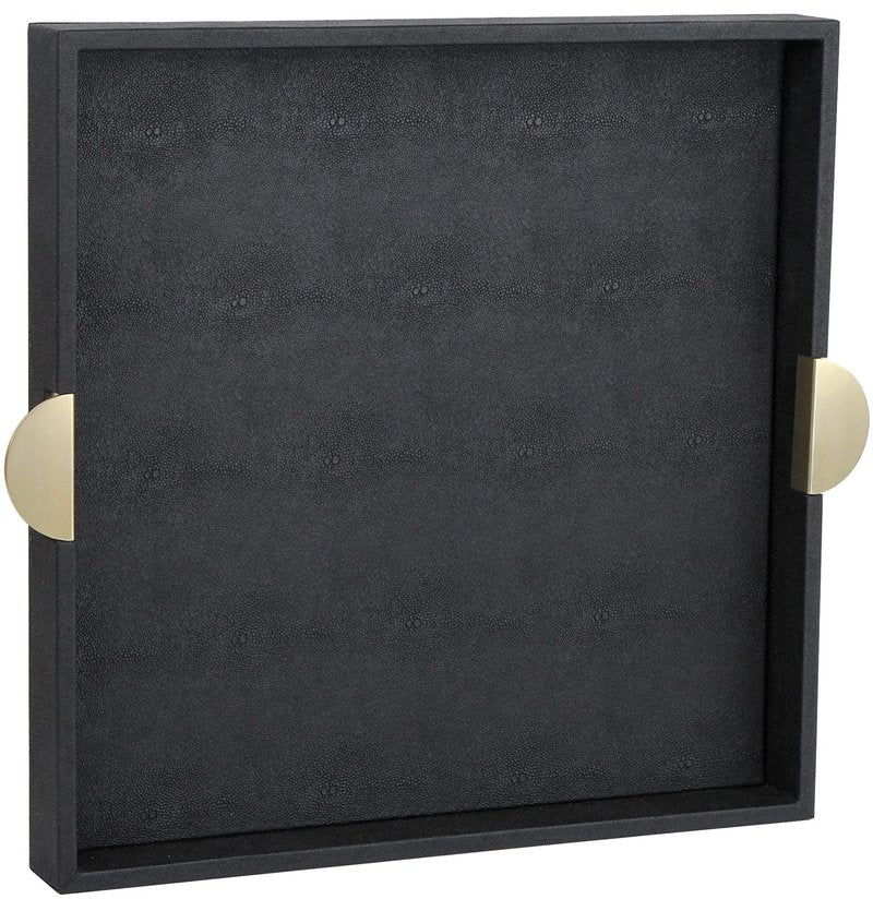 HofferRuffer Faux Leather Decorative Serving Tray, Elegant Coffee Table Ottoman Tray, Breakfast, Drinks, Liquor Serving Platter, Black Shagreen Finish with Gold Hardware Handle (Square)