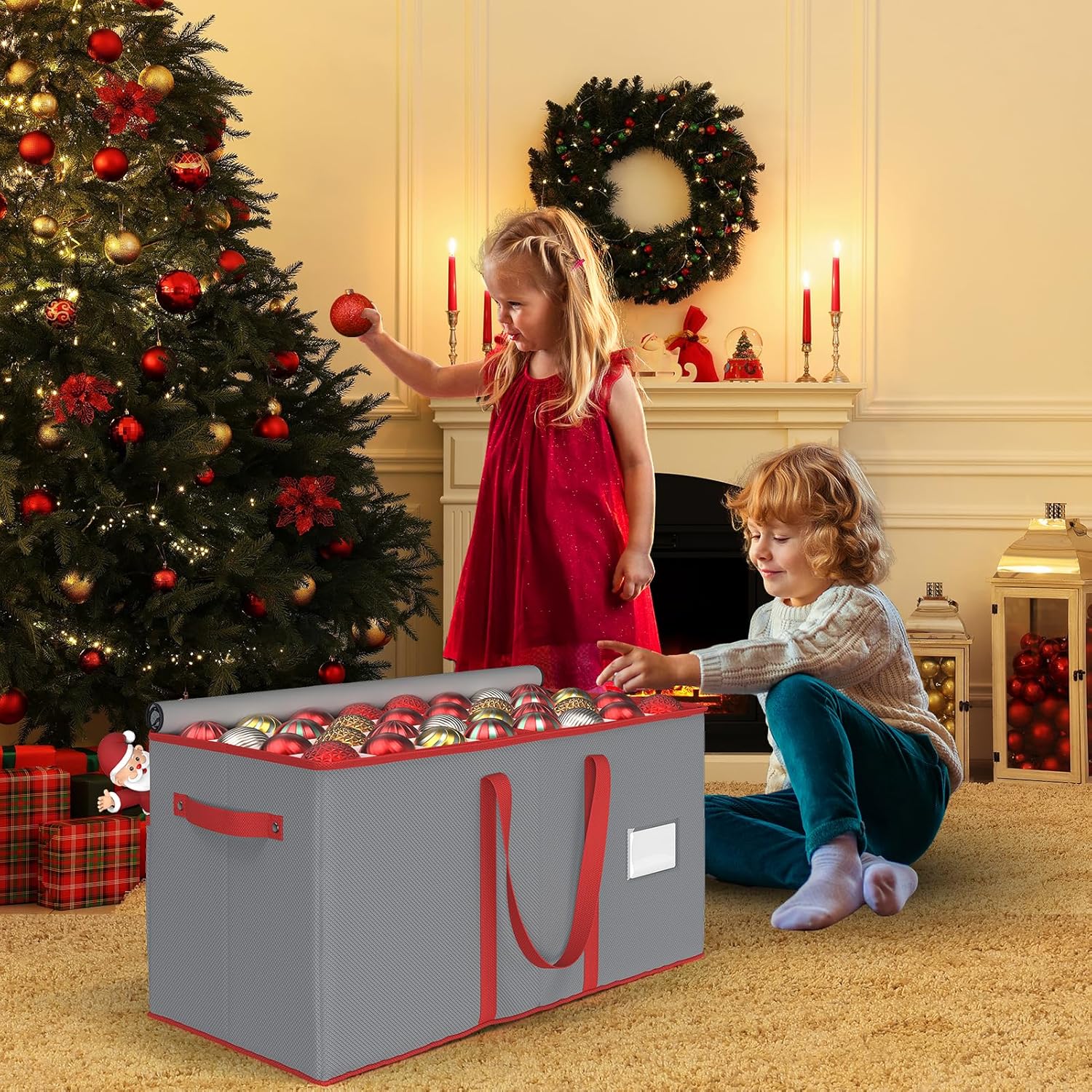 Winpull Christmas Ornament Storage Box - Large Organizer for 128 3-Inch Ornaments | Adjustable Dividers, Dual Zipper, Grey