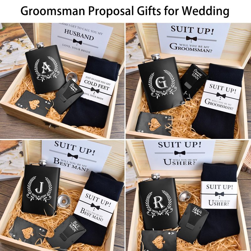 ELEGANTPARK Engraved Groomsman Gifts Set of 8 Groom Best Man Groomsman Flasks Wedding Gifts for Men Bachelor Party Favor Stainless Steel Hip Flask for Liquor with Funnel for Men 8 OZ Black