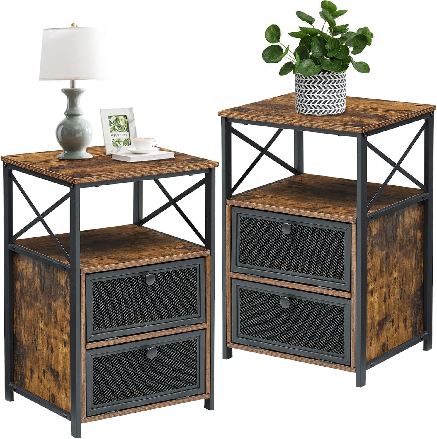 VECELO Nightstand Set of 2, End Table with Flip Drawer, Modern Night Stand for Bedroom,Living Room, Office, Easy Assembly, Walnut Brown