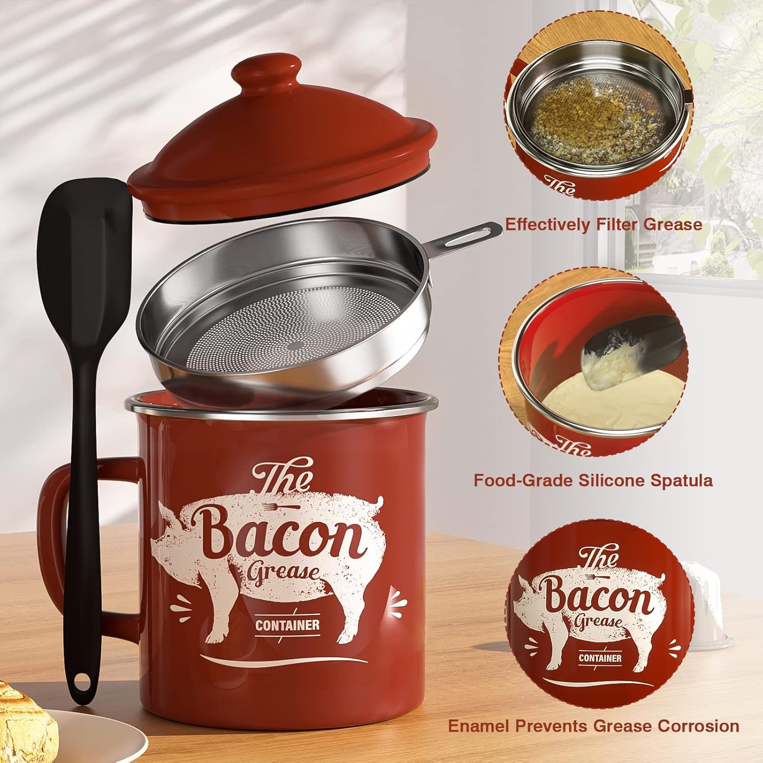Skiennix Black Meat Chopper & 46oz Red Bacon Grease Container - Durable Kitchen Essential