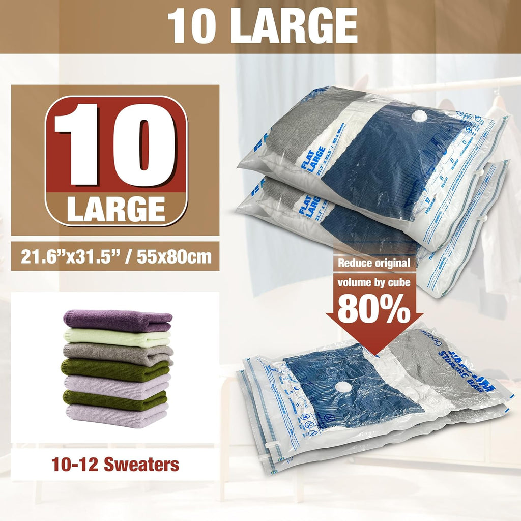 Skiennix Vacuum Storage Bags - 10 Large Space Saver Seal Bags for Clothes & Bedding | 10L Capacity