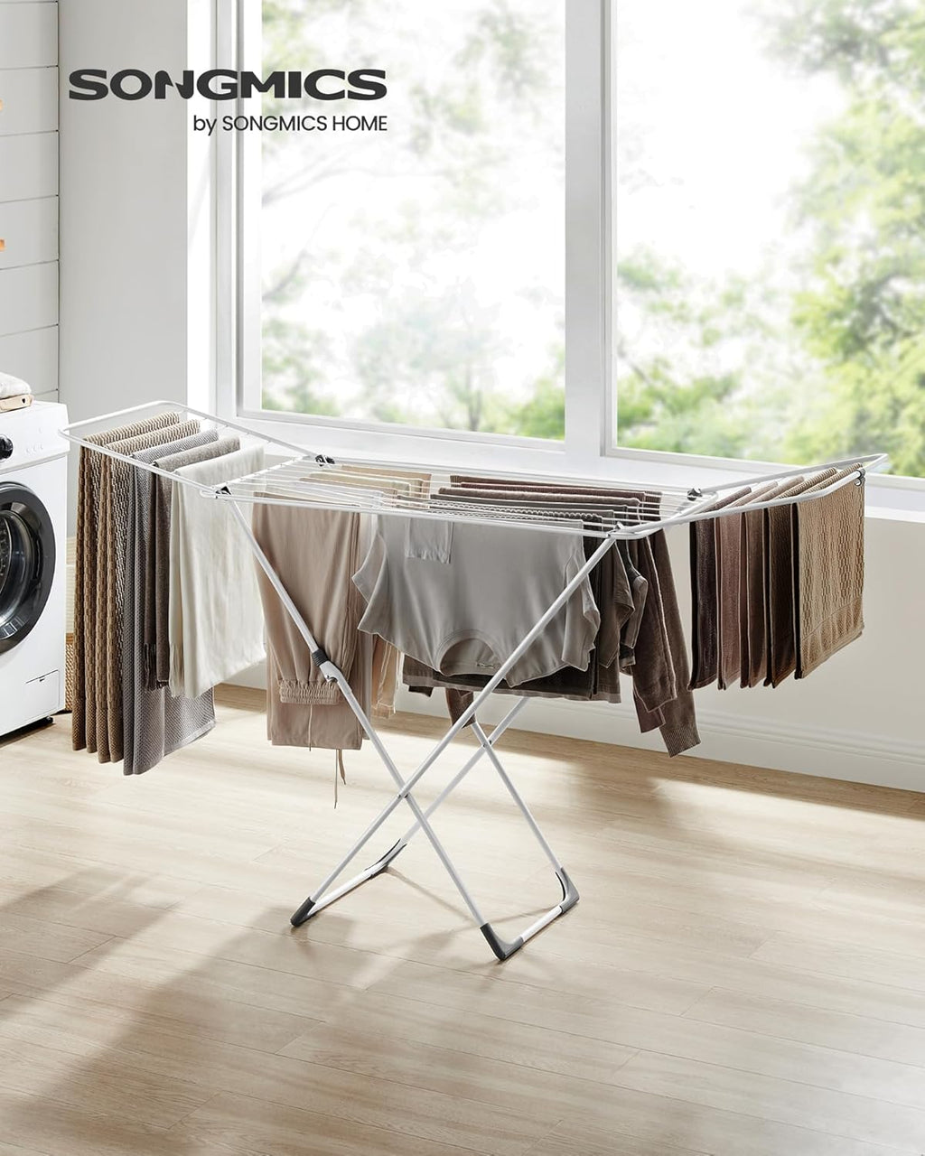 SONGMICS Clothes Drying Rack - Foldable Metal Laundry Airer for Indoor/Outdoor Use | Space-Saving Design, White