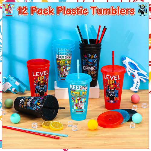 XLSXEXCL 12 Pcs Gamer Party Cups with Lids and Straws Video Game Tumbler 24 oz Plastic Drinking Cups for Gaming Party Favors