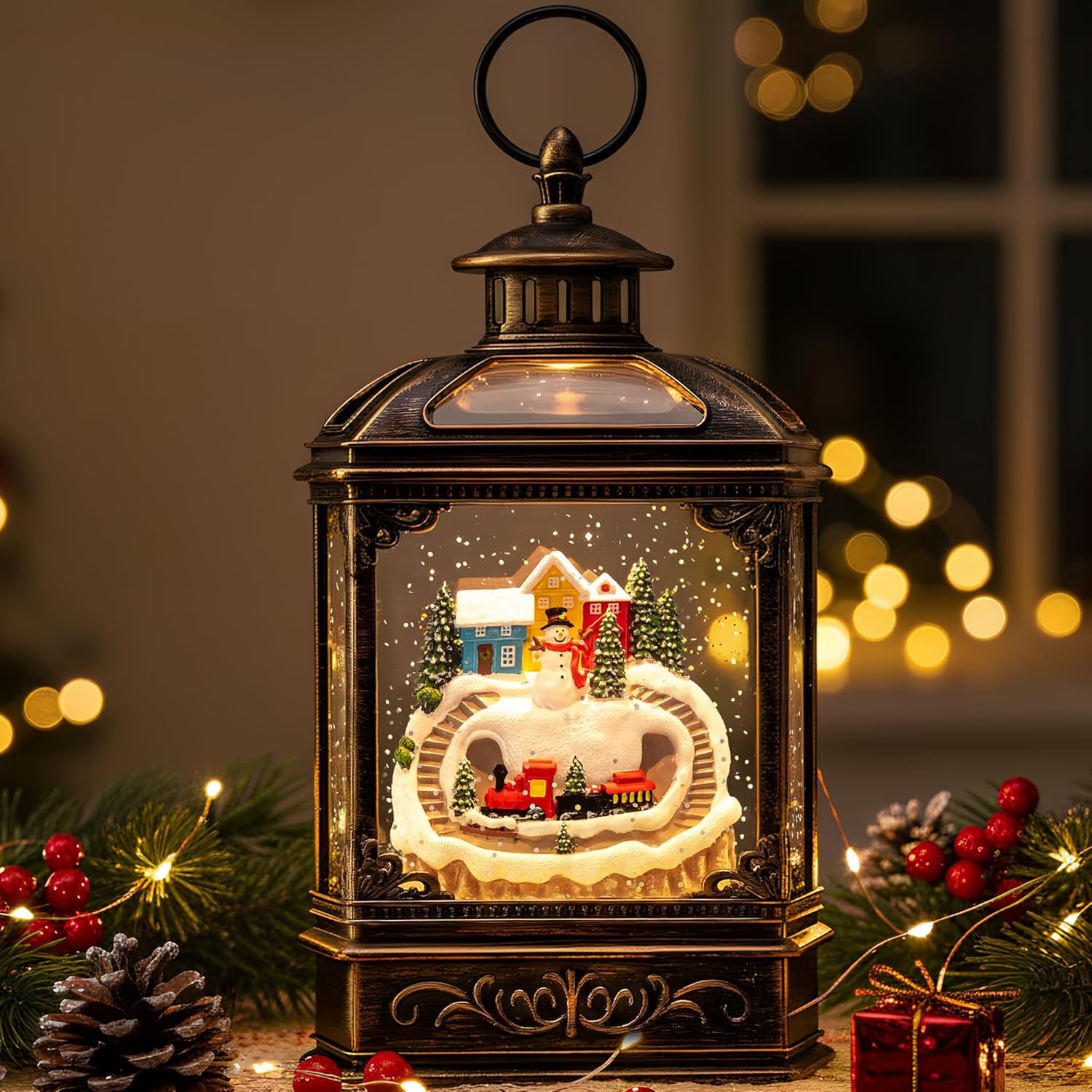 VISFLAIR Snow Globe Lantern - Musical Lighted Christmas Village with Snowman & Train | Battery Operated or USB Powered