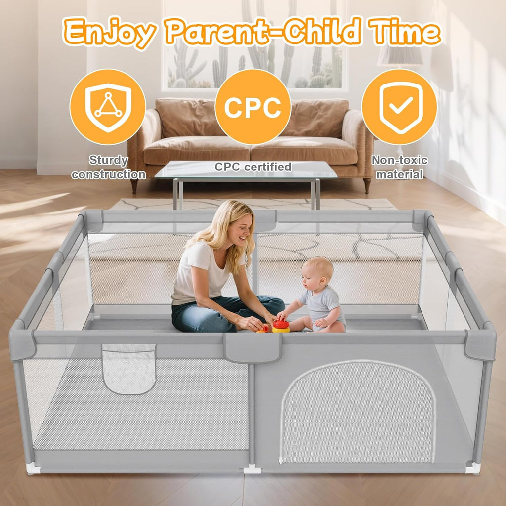 Skiennix Large Baby Playpen - Breathable Mesh Safety Playard with 2 Handles | 74"x50" Grey Activity Center for Indoor & Outdoor Use