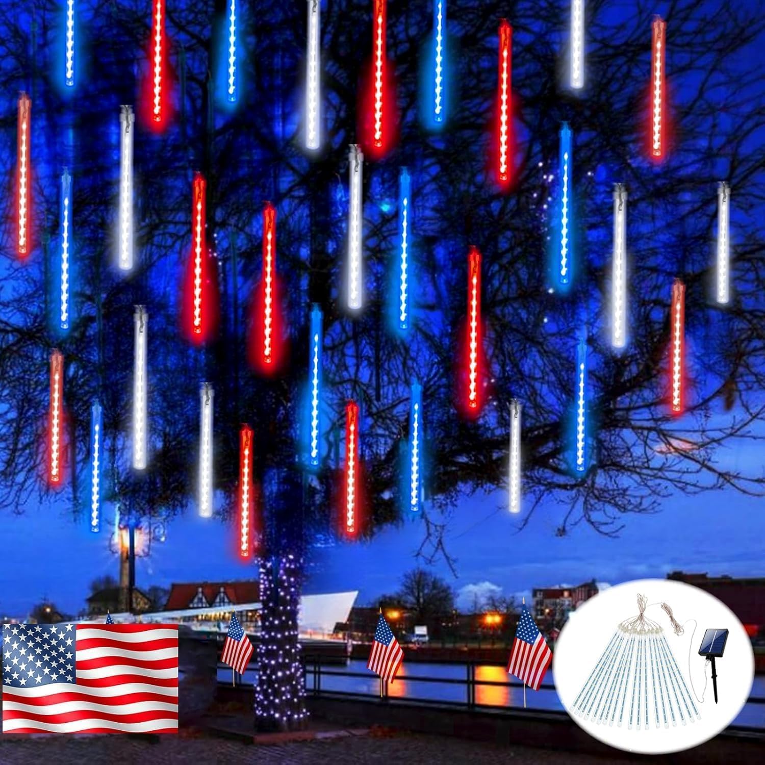 Skiennix 4th of July Decorations - USA 250th Anniversary Solar Meteor Shower Lights | 18 Tubes, 432 LEDs, Waterproof
