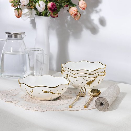 Fanquare 16oz Gold Marble Pasta Bowls Set of 4, 7" Porcelain Salad and Cereal Bowls, Modern Kitchen Serving Set