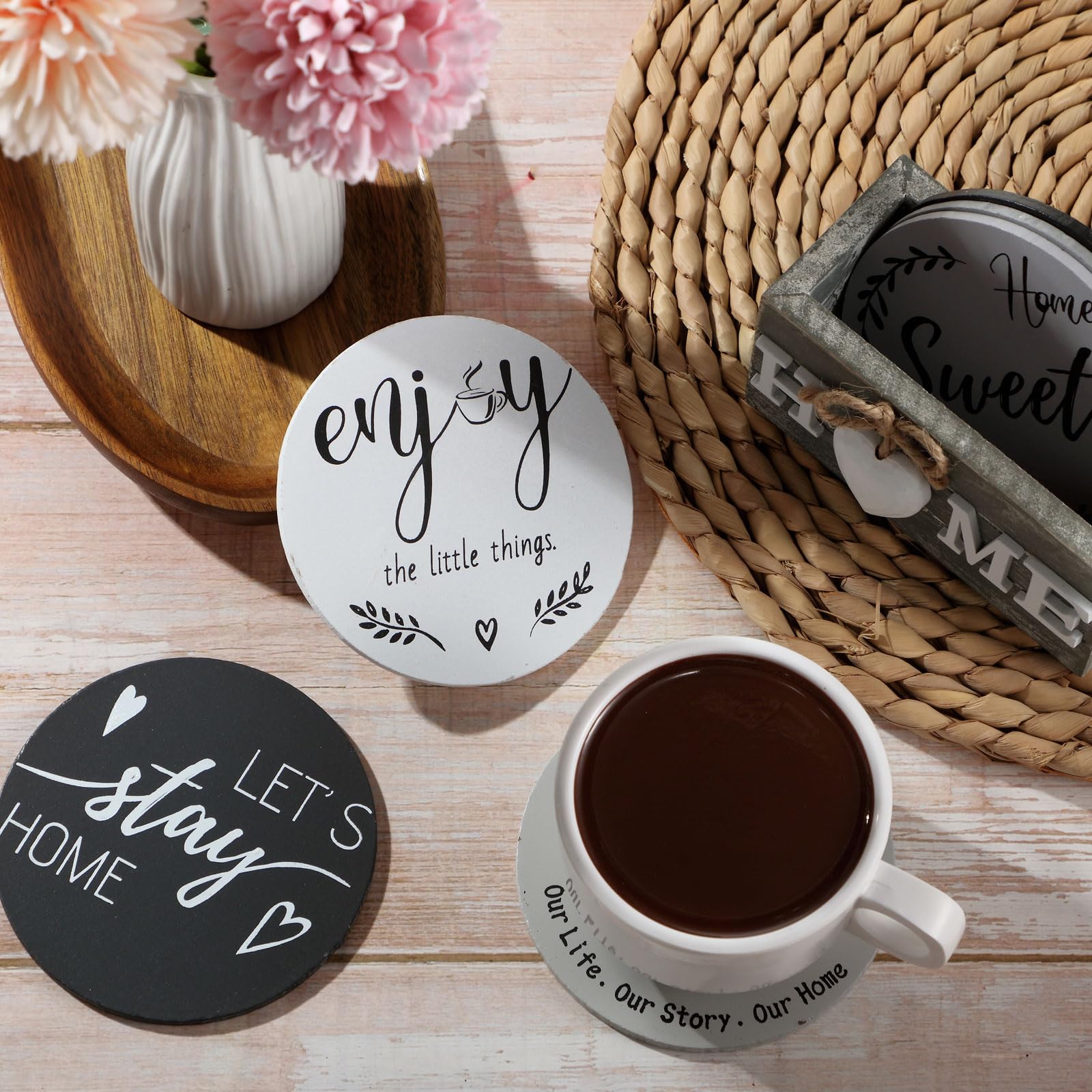 Queekay Coasters Set of 6 House Warming Gifts New Home Wooden Farmhouse Drink Coasters with Holder 4'' Funny Decoration for Kitchen Family Coffee Bar Tabletop Protection(Gray)