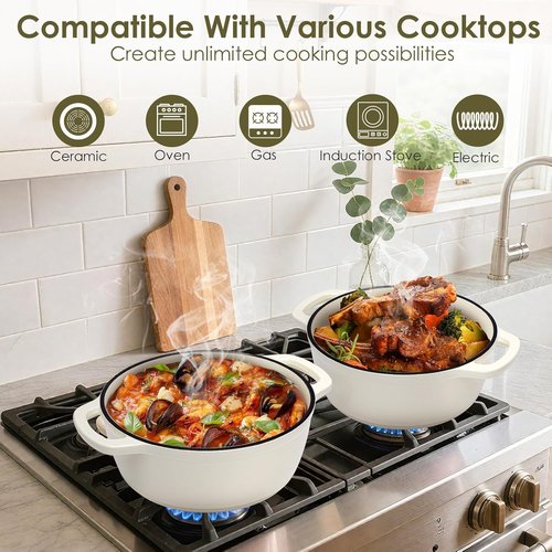 AIVIKI Enameled Cast Iron Dutch Oven - 5QT Heavy-Duty Pot for Bread Baking & Cooking | Oven Safe to 500°F, Cream White