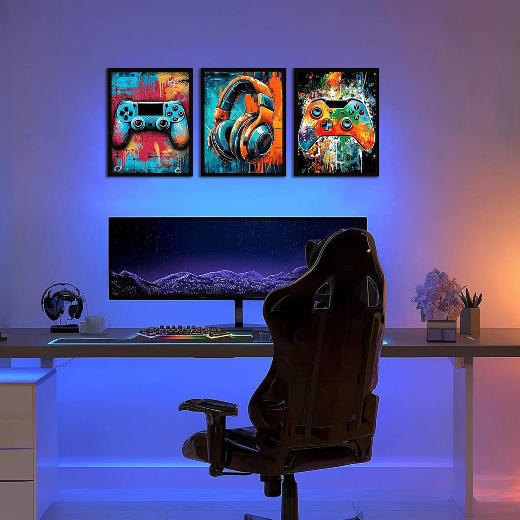 Skiennix Framed Gaming Wall Art - Neon Watercolor Graffiti Gamepad Decor | 8x10in, Set of 3