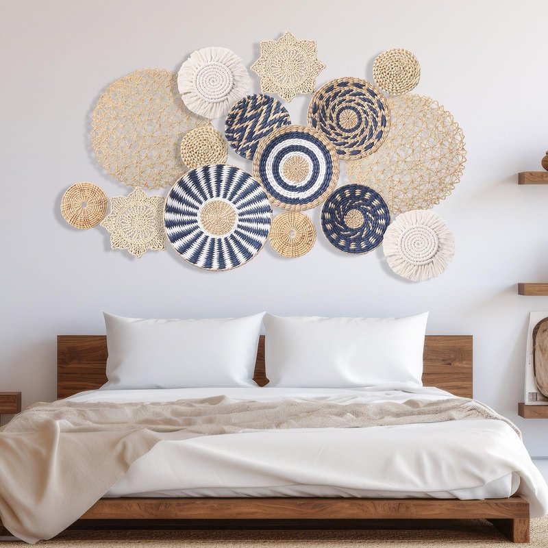 Anglechic 15 Pcs Boho Wall Basket Decor Woven Rattan Seagrass Wall Decor Hanging Rustic Farmhouse Western Art Decoration for Nursery Living Room Bedroom Home Kitchen(Blue Style)