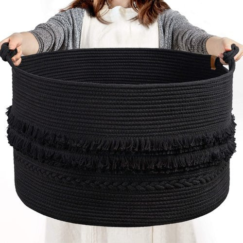 CherryNow 22"x22"x14" Large Blanket Basket, Home Décor for Living Room Bedroom, Boho Decorative Laundry Basket for Clothes, Baby Toy Storage, Black