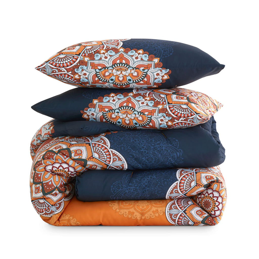 Wake In Cloud - Bohemian Comforter Set, Boho Chic Ornate Floral Elements Pattern Printed for Men Women, Soft Lightweight Bedding, 3 Pieces, Orange Navy, King Size