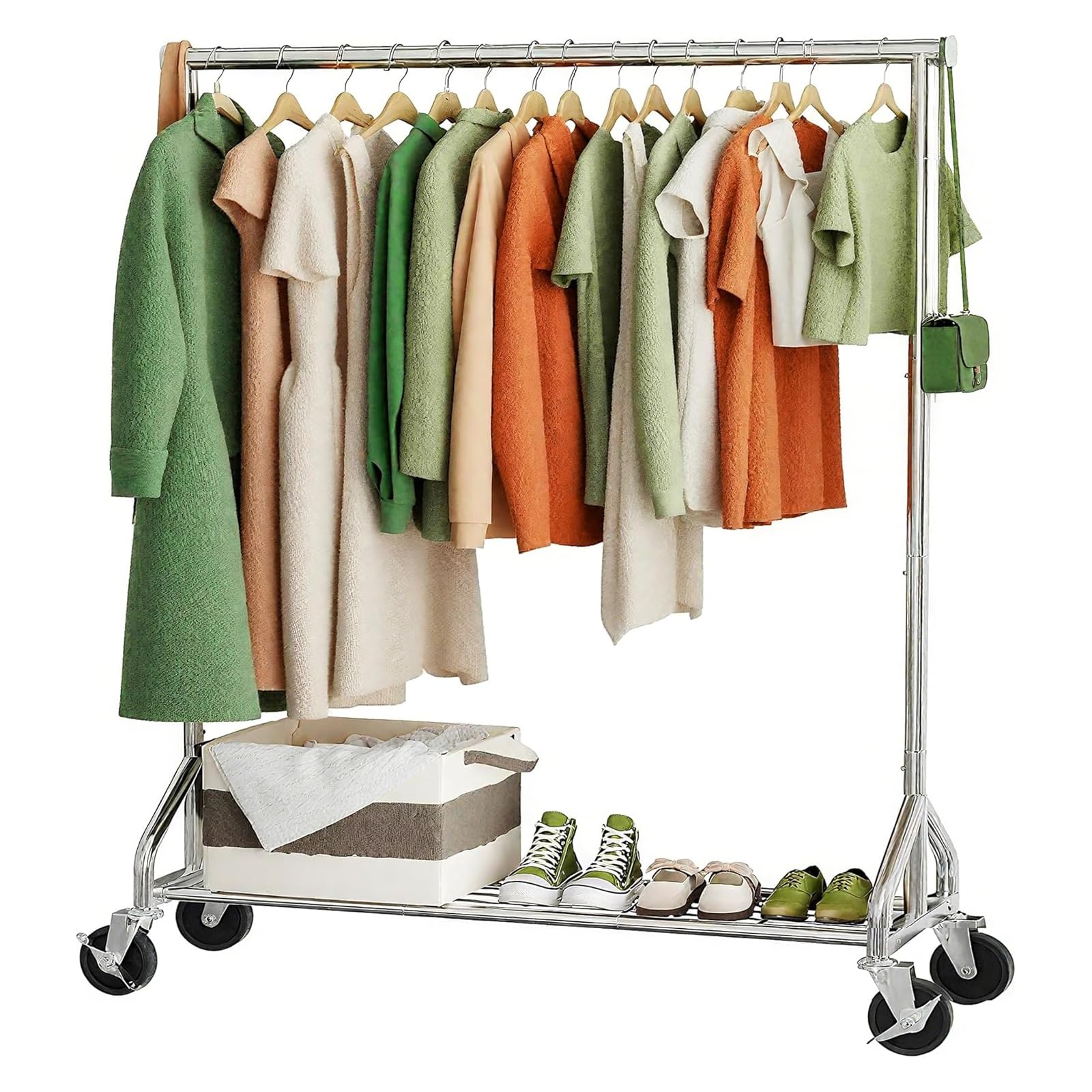 Ekisemio Heavy Duty Rolling Clothes Rack with Wheels and Shelves, 450 lbs Capacity, Portable Garment Rack for Hanging Clothes, Standing Wardrobe for Closet, Bedroom, Commercial Use, Chrome