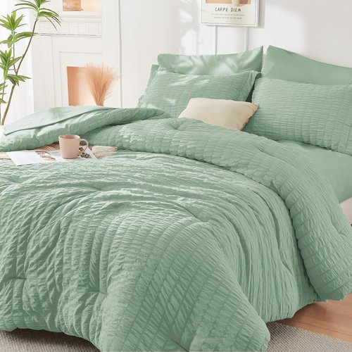 HYMOKEGE Queen Comforter Set - Sage Green Seersucker 7-Piece Luxury Bedding Set | All-Season Comfort